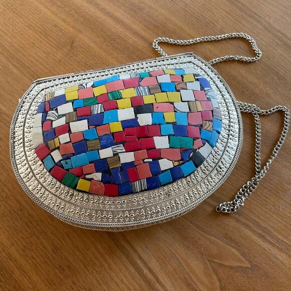 RAMLA L’Oriental Mosaic Bag - Multi-color Tile - Silver Chain Strap - Picture 3 of 9